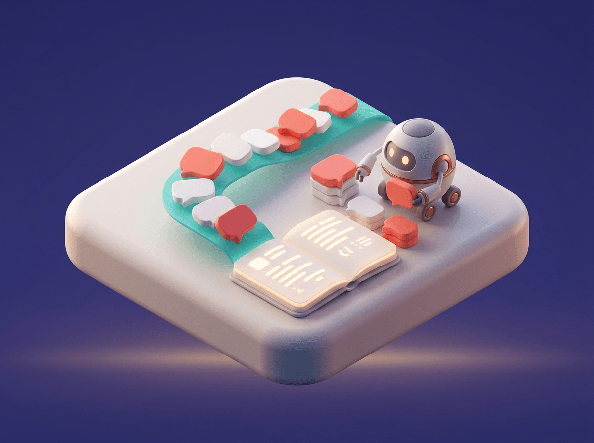 Robot nhỏ xếp các bong bóng chat vào một cuốn sổ đang sáng.